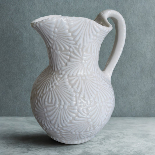 Handcrafted Ceramic Pitcher – Large White Embossed Design