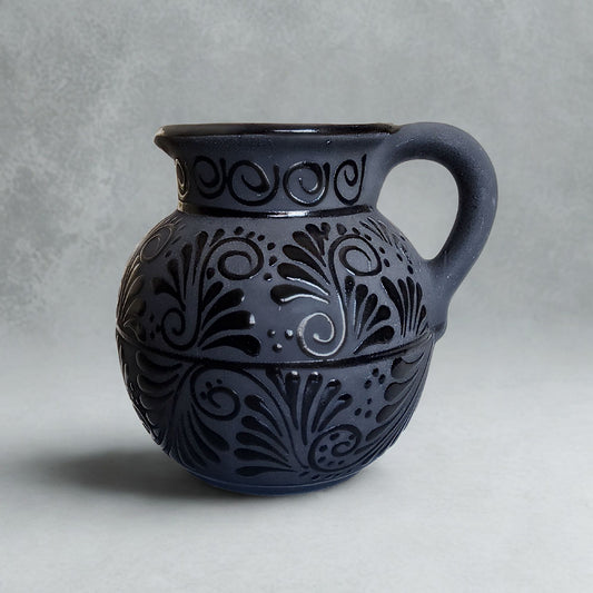 Handcrafted Ceramic Pitcher – Medium Black & Grey Embossed Design