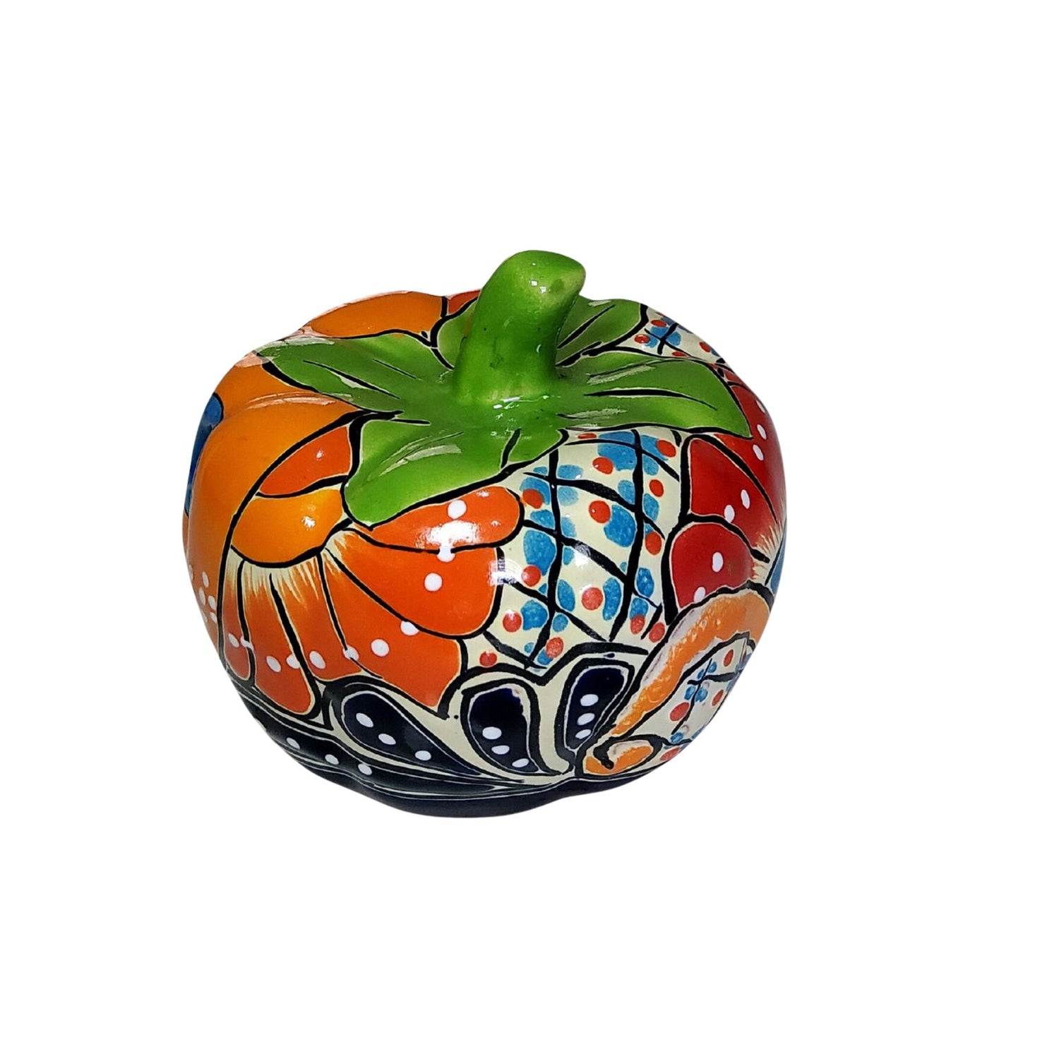 Colorful ceramic apple-shaped container with a patterned design on a white background