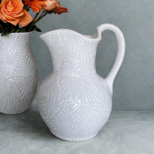 Handcrafted Ceramic Pitcher – Large White Embossed Design