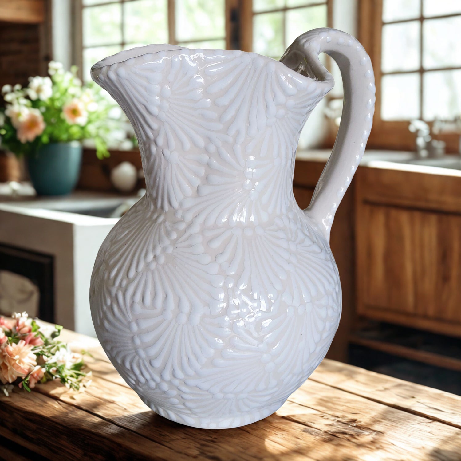 Handcrafted Ceramic Pitcher – Large White Embossed Design - Vinna Home & Kitchen